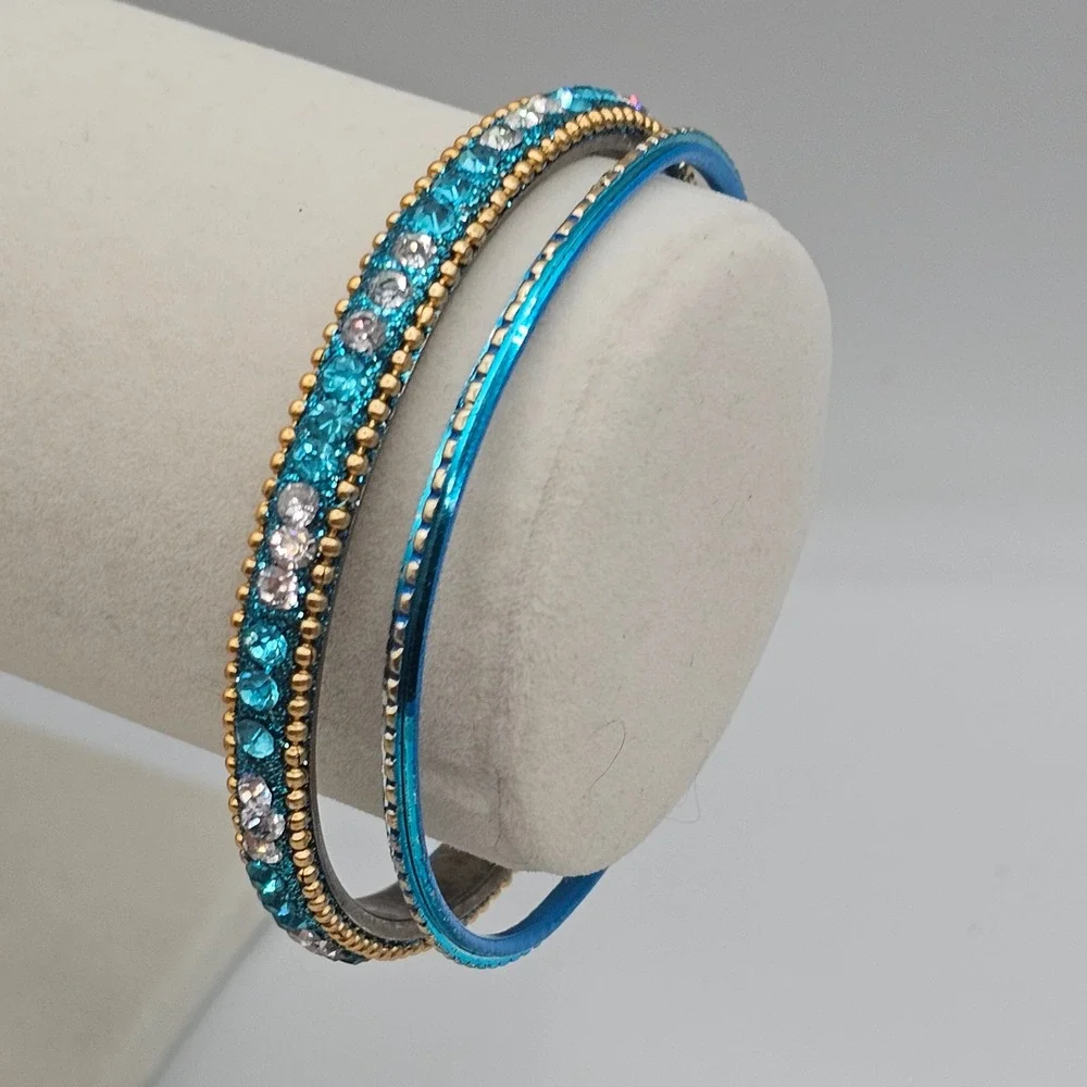 Rhinestone Bangle Bracelet + 1 Accent Bangle 2 Stackable Blue Teal Gold Tone